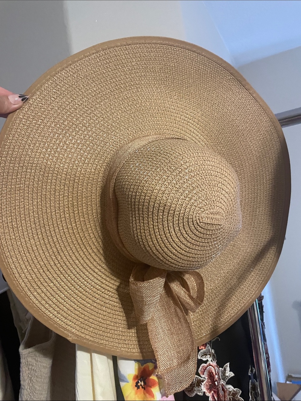 Wide Brim Straw Sun Hat with Bow - Tan